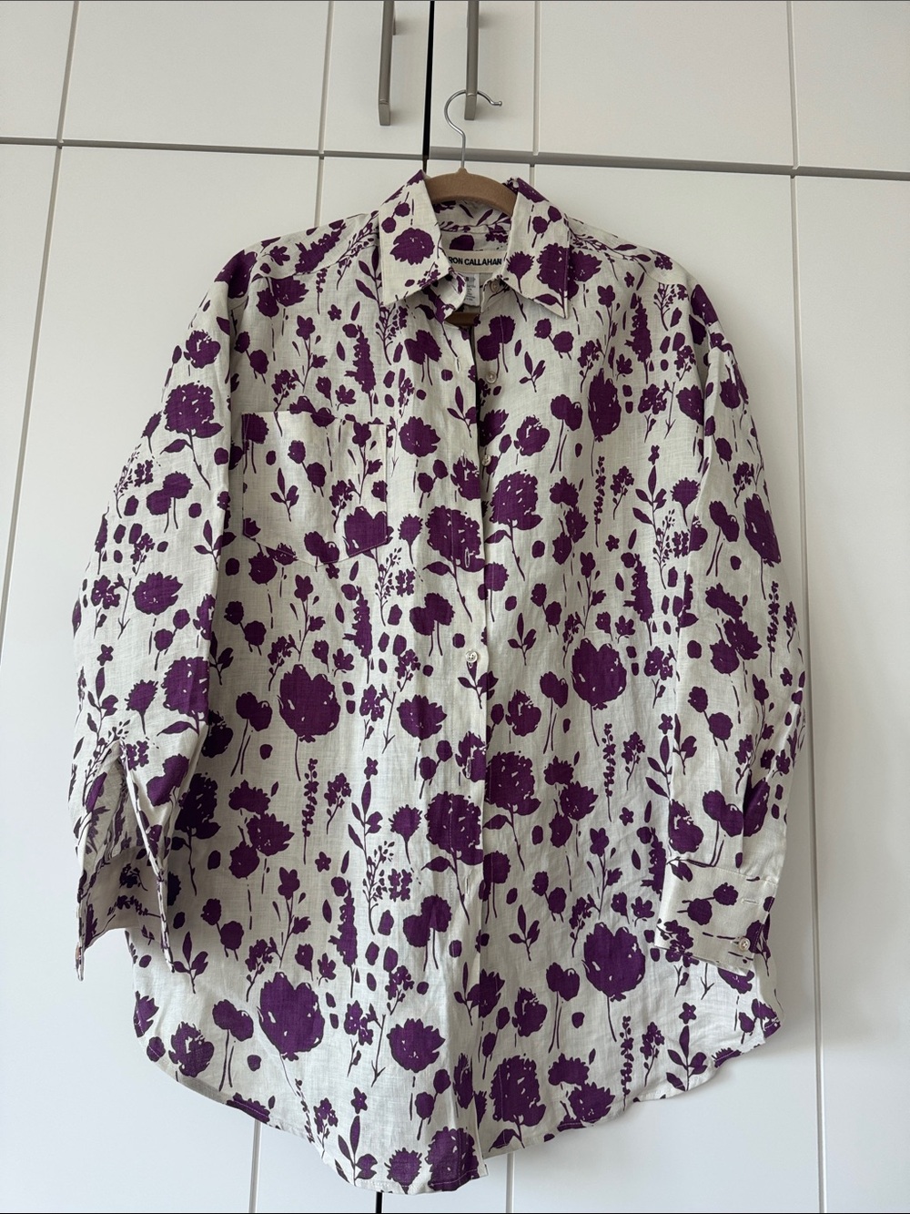 Caron Callahan Cream Shirt Jacket with Purple Floral Print